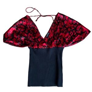 BEBE SATIN TIE UP FLOWY RARE V-NECK BLOUSE COCKTAIL FITTED TOP SHIRT FLOWY